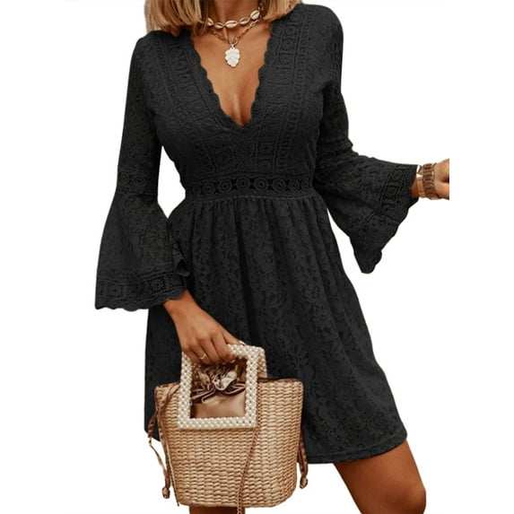 Celmia Women Casual V Neck Flare Sleeve Lace Party Mini Dresses