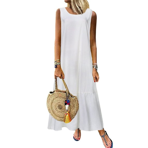 Celmia Women Daily Sleeveless Crew Neck A Line Ruffled Hem Dresses