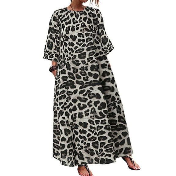Celmia Women Leisure Leopard Printed Crew Collar Horn Sleeve Dress