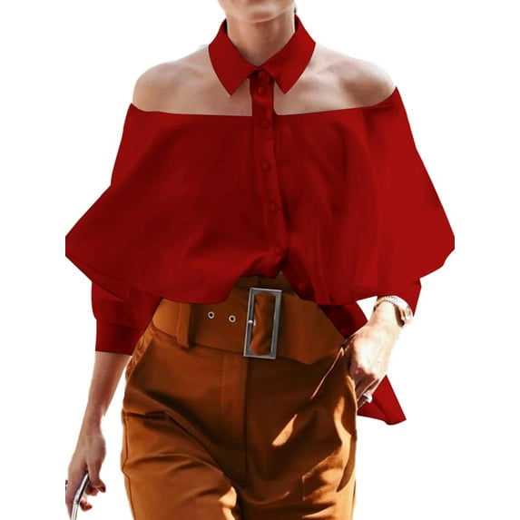 Celmia Women Off Shoulder Shirts Vintage Ruffles Statement Lapel Tops Shirts