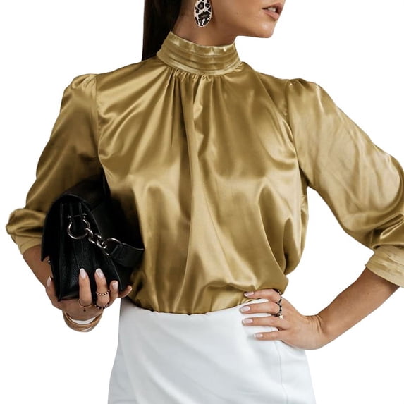 Celmia Women Silk Satin Long Sleeve Blouses Stand Collar Pleated Office OL Shirt Casual Elegant Tops