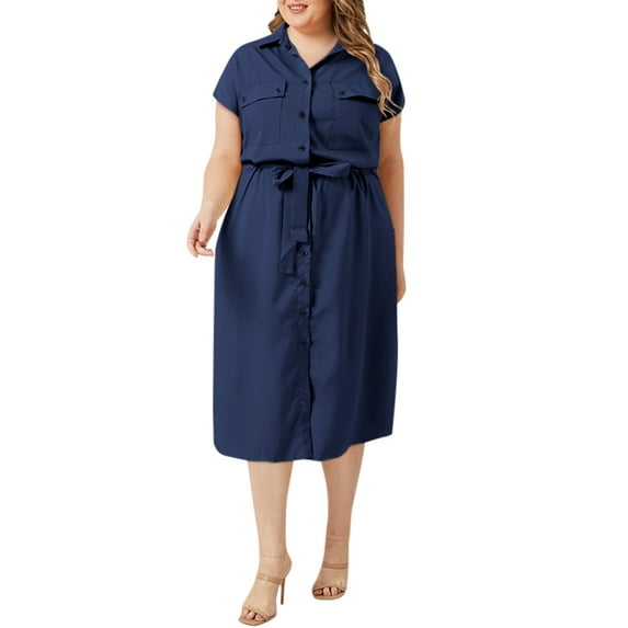 Celmia Women Street Turn Down Collar Short Sleeve Button Down Shirt Dress