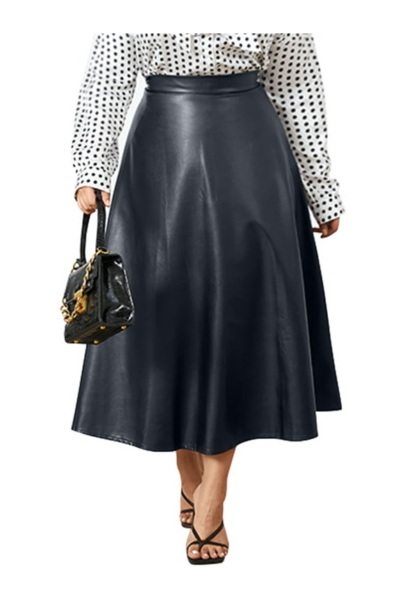 Women Summer High Waist PU Leather Pleated Umbrella Skirts