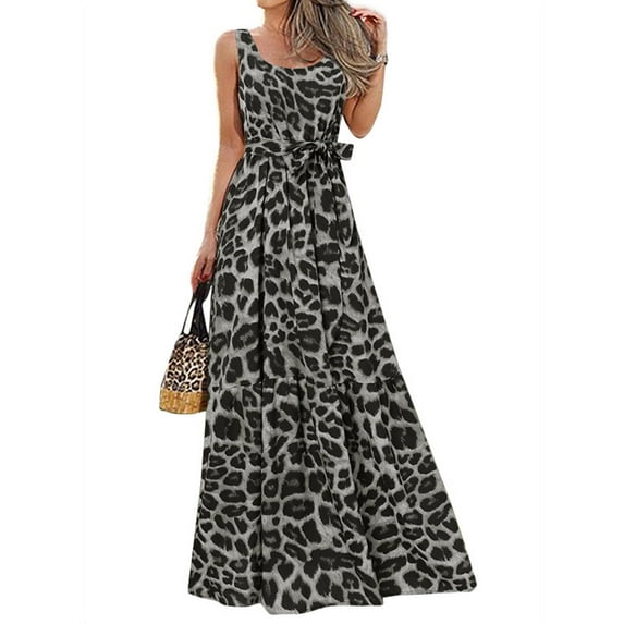 Celmia Women Vacation Leopard Print Sleeveless Tropical Print Lace-up Dress