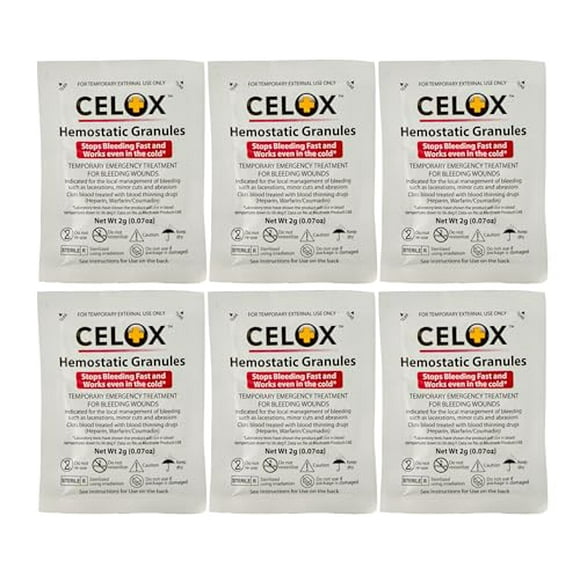 Celox First Aid Hemostatic 2 gram Granules, 6 Pack Prevents Blood Loss.