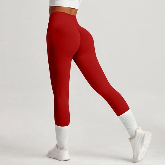 Celsior Compression Leggings with Pockets Booty Butt Lifting Leggings Fitness Sport Pants Scrunch Butt Lifting Leggings Tummy Shaping Pants Full Length Buttery Soft Anti Cellulite Leggings Red M