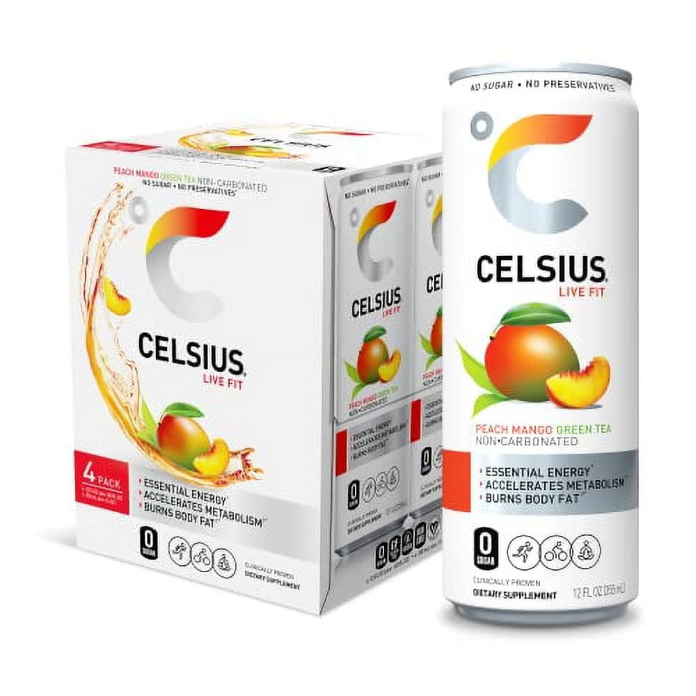 CELSIUS® Fizz Free Peach Mango Green Tea, Sugar Free Energy Drink, 12 Fl Oz (Pack of 4)