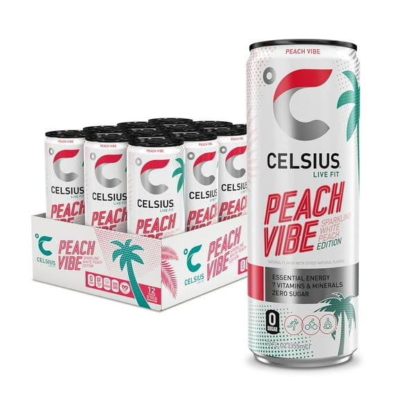 Celsius Essential Energy Drink 12 Fl Oz, Sparkling Peach Vibe (Pack Of 4)