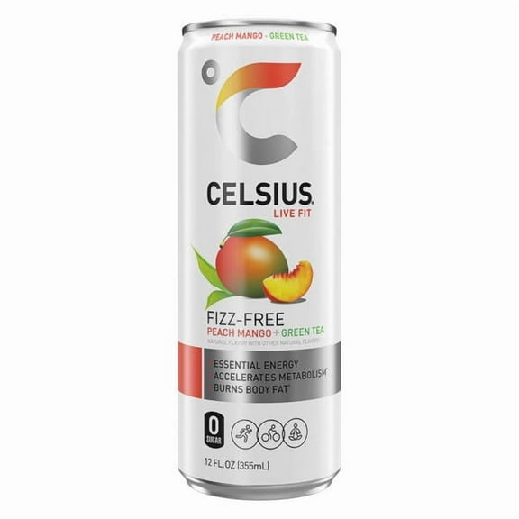 Celsius Fizz Free Peach Mango Green Tea, 12 fl oz Can (Pack of 2)