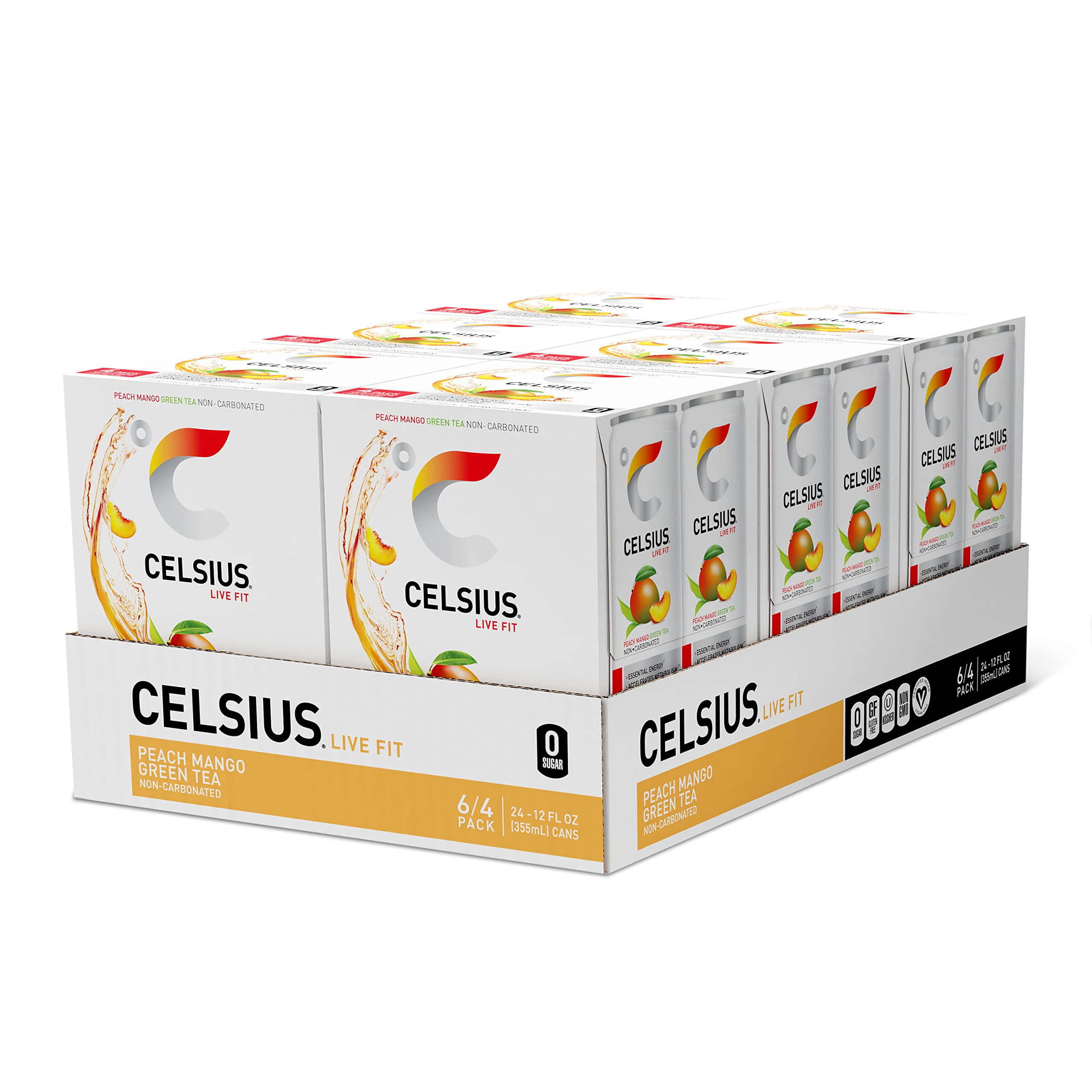 Celsius Peach Mango Green Tea, Functional Essential Energy Drink 12 Fl