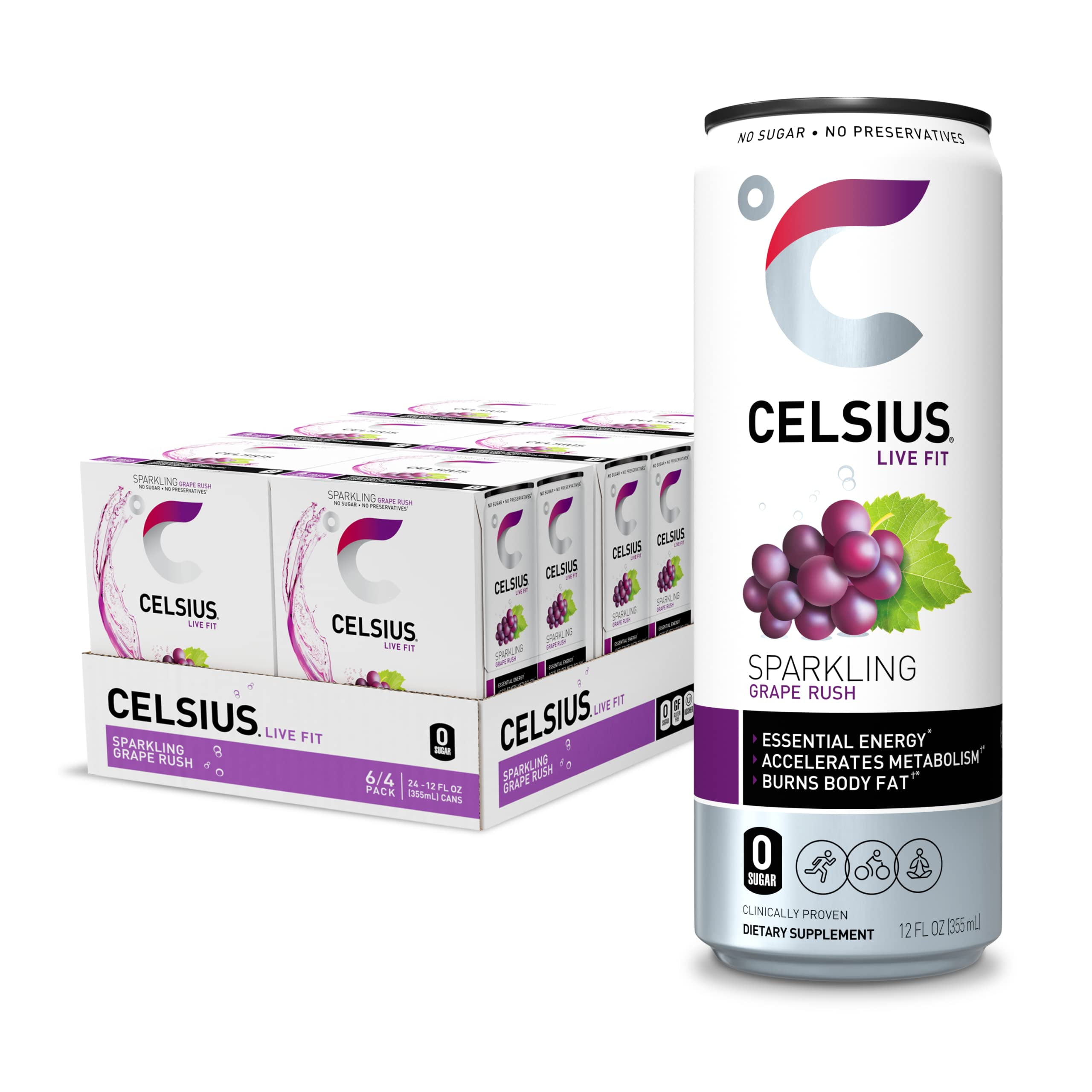 Celsius Sparkling Grape Rush, Functional Essential Energy Drink 12 Fl