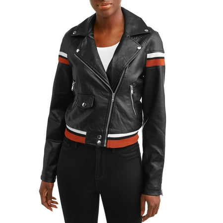 Celsius Women's Faux Leather Jacket with Varsity Stripes