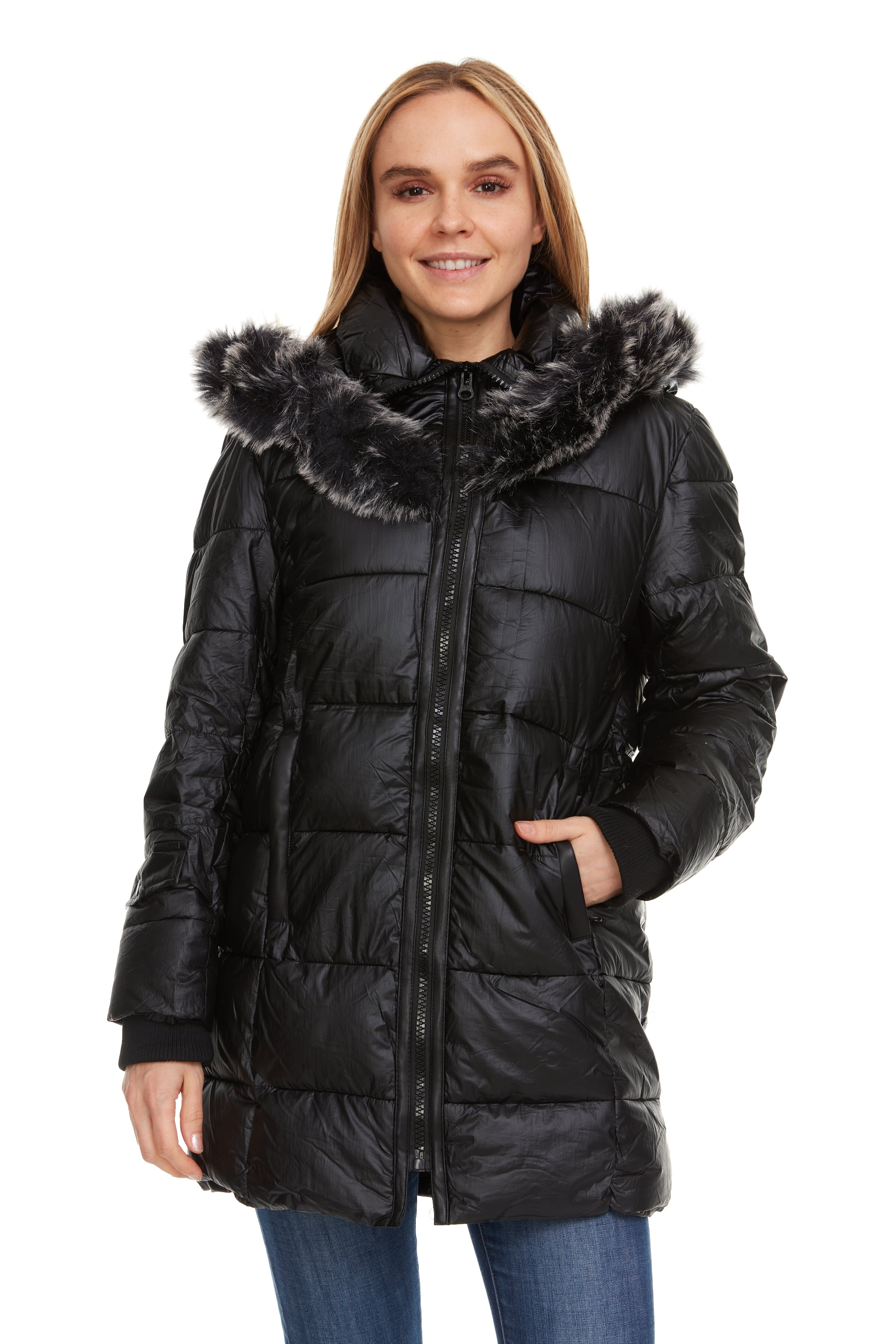Celsius Women's Metalic Hooded Puffer Jacket (Standard and Plus Size ...