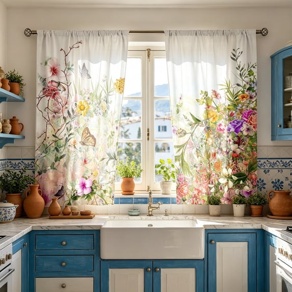 Celsvanis 2pcs Printed Kitchen Curtain, Short Translucent Floral Butterfly Romantic Window Drape, Spring Summer Decor For Home Kitchen Coffee Decoration 39"x27.5"