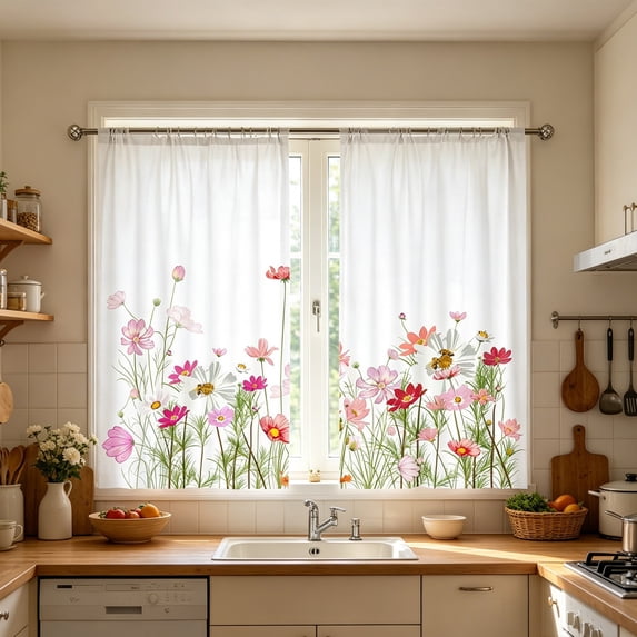 Celsvanis 2pcs Printed Kitchen Curtain, Short Translucent Floral Butterfly Romantic Window Drape, Spring Summer Decor For Home Kitchen Coffee Decoration 39"x27.5"