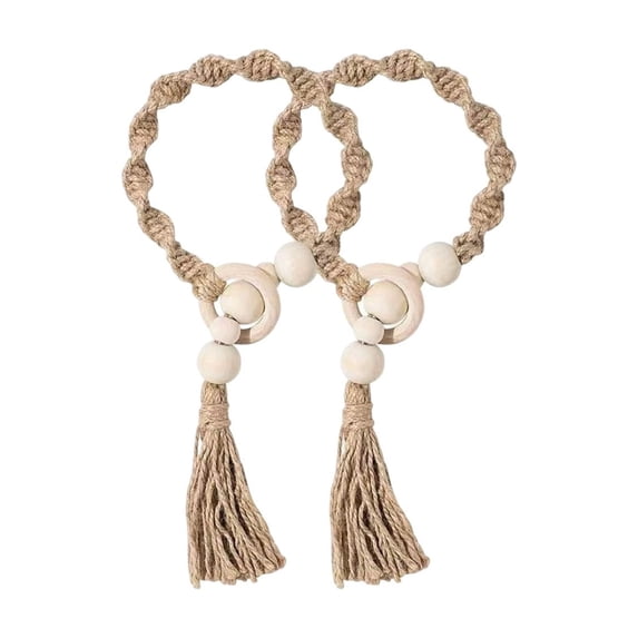 Celsvanis Boho Macrame Curtain Tieback, 2pcs Wooden Bead Cotton Rope Curtain Holder with Tassel, Rustic Farmhouse Decor for Living Room Bedroom Window 26"