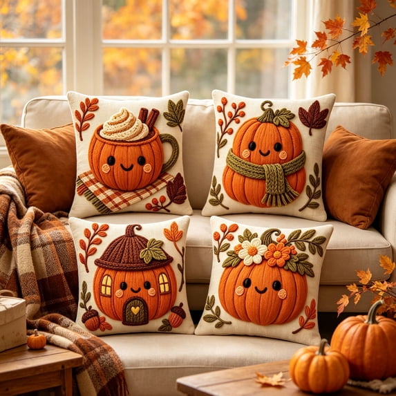 Celsvanis Halloween Fall Throw Pillow Covers Set Of 4 Polyester Cushion Cases 2D Knit Look Printed Ghost Pumpkin Design For Sofa Couch Fall Home Decoration