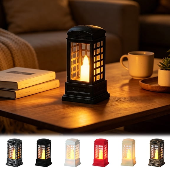 Celsvanis Table Lantern Telephone Booth Night Light LED Flickering Tabletop Ambience Light for Coffee Table Living Room Mantel Holiday Home Decoration