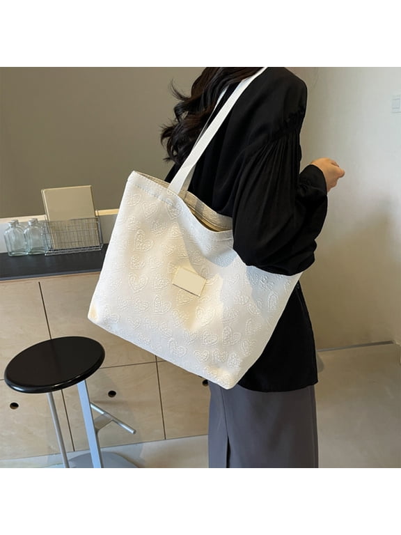 Tote Bag for Women Foldable Handbag Zipper Closure Decorative Heart Trendy Shoulder Bag Large Capacity Work Commuters Tote Bag for Office Travel Weekend Trips, White