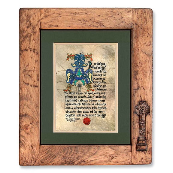Celtic Card Company Irish Lord's Prayer in Gaelic Print Rustic Frame Home Decore Calligraphy by Kevin Dillon Medieval Manuscripts