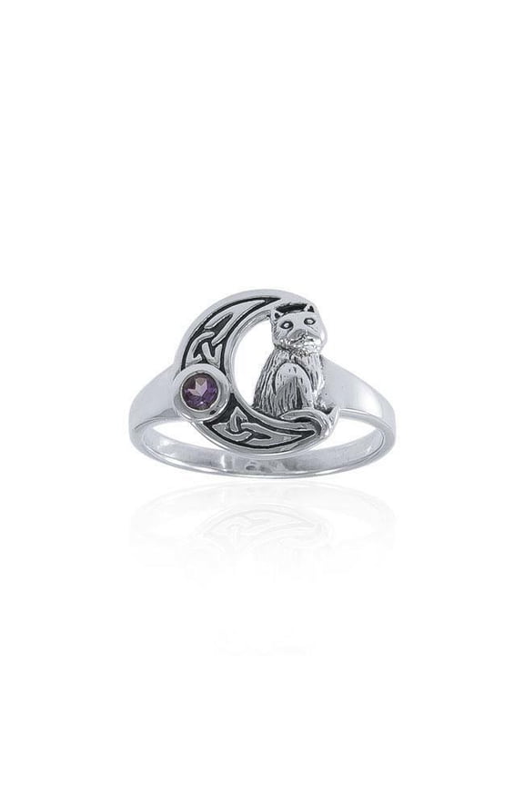Celtic Cat Moon Ring Genuine Amethyst 925 Sterling Silver Animal Totem Jewelry