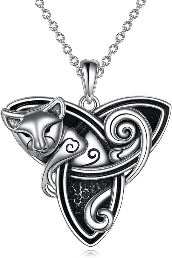 Celtic Cat Necklace/Cat Urn Necklace for Women Sterling Silver Triquetra Celtic Trinity Knot Necklace Halloween Jewelry