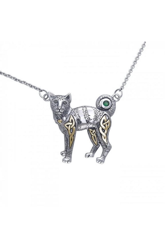 Celtic Cat Necklace Claddagh 925 Sterling Silver Fine Kitty Jewelry Gold Accent