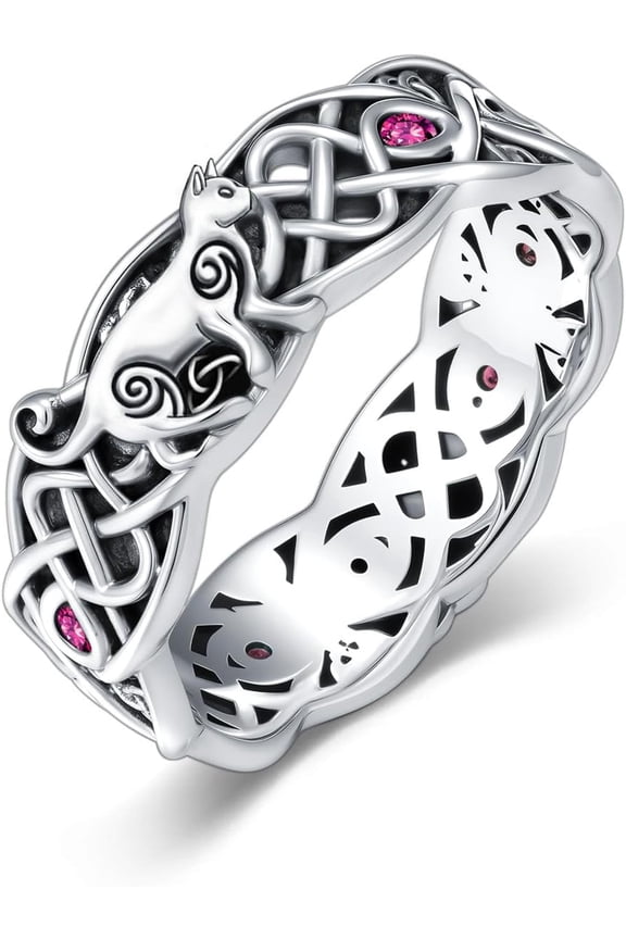 Celtic Cat Ruby Birthstone Ring 925 Sterling Silver Irish Trinity Knot Celtic Cat Wedding Promise Ring with July Birthstone Irish Good Luck Jewelry Gifts for Women Her#8