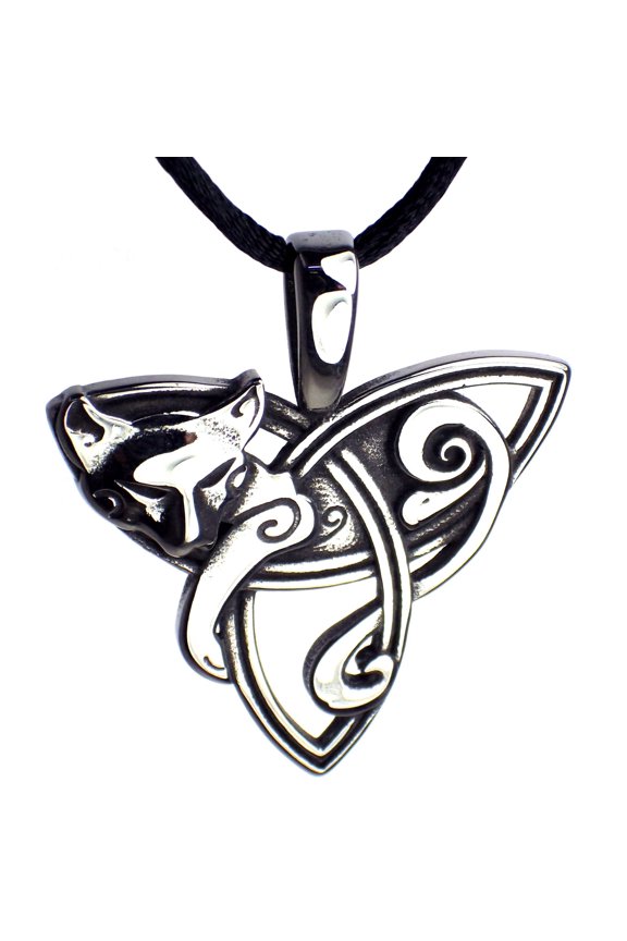 Celtic Cat Triquetra Necklace Silver Stainless Steel Trinity Knot Pendant Amulet Womens Fantasy Forge Jewelry