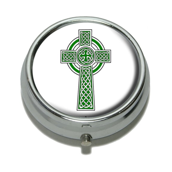 Celtic Christian Cross - Irish Ireland Scotland Scottish - Green White Pill Box