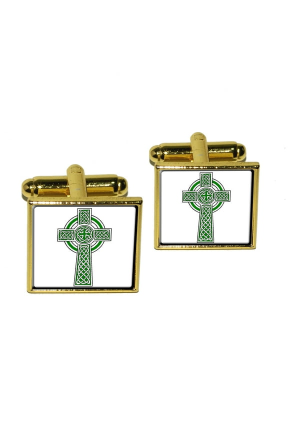 Celtic Christian Cross - Irish Ireland Scotland Scottish - Green White Square Cufflinks