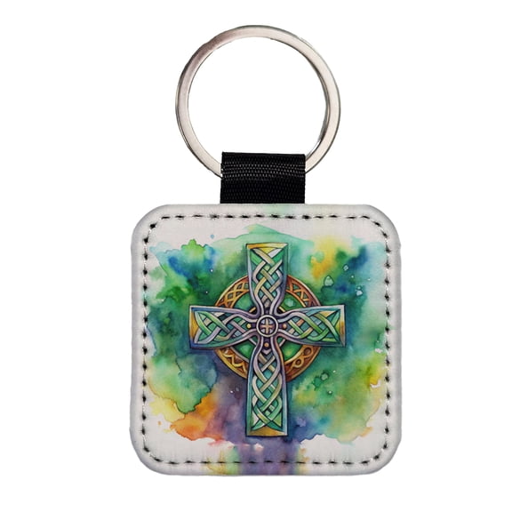 Celtic Christian Cross Watercolor Faux Leather Square Keychain