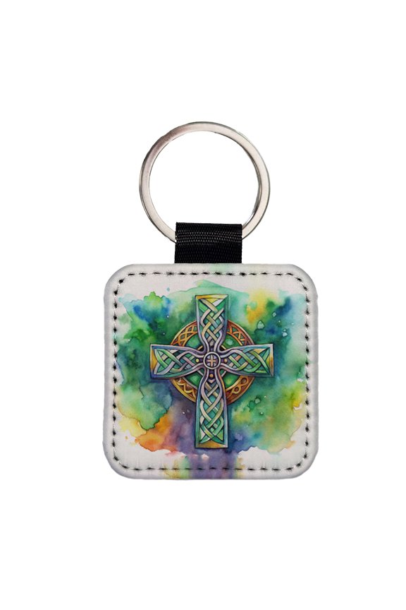 Celtic Christian Cross Watercolor Faux Leather Square Keychain