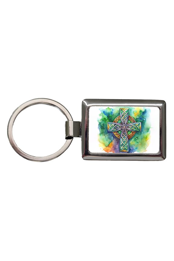 Celtic Christian Cross Watercolor Metal Rectangle Keychain