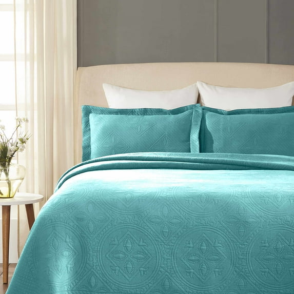 Celtic Circles 100% Cotton Jacquard Matelassé Scalloped Bedspread Set Peacock Blue / Full