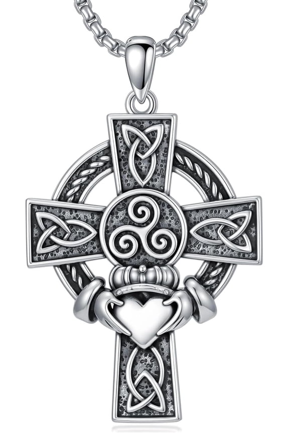 Celtic Claddagh Cross Necklace for Men 925 Sterling Silver Trinity Triskele Cross Pendant Religious Cross Irish Triskelion Jewelry Gifts