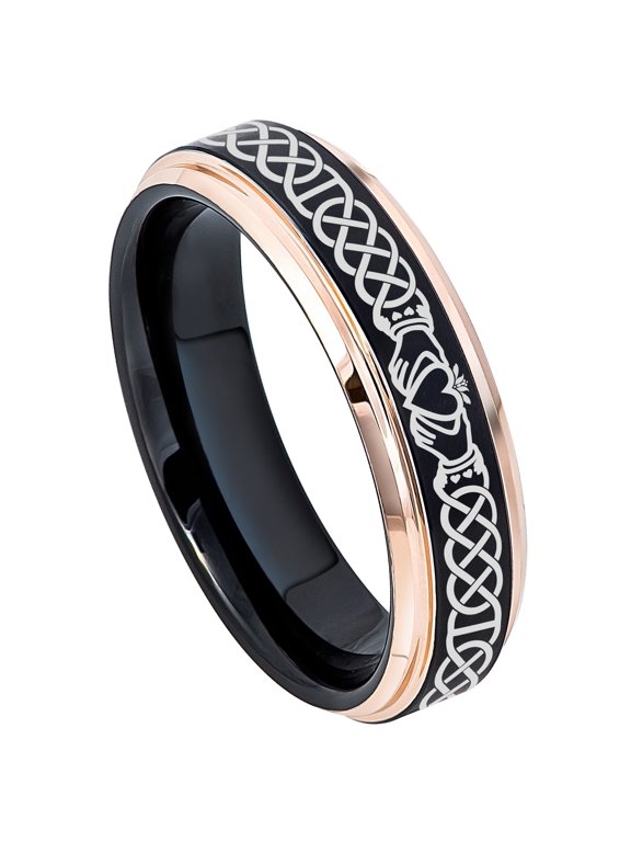 Celtic Claddagh Tungsten Ring, 6mm Black & Rose Gold Stepped Edge Comfort Fit, Mens Womens size 5