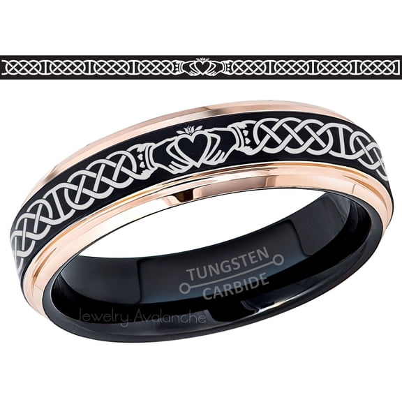 Celtic Claddagh Tungsten Ring - 2-Tone Matte Finish Black IP & Rose Gold Plated Comfort Fit Tungsten Carbide Wedding Band 6mm - #780CLDs8