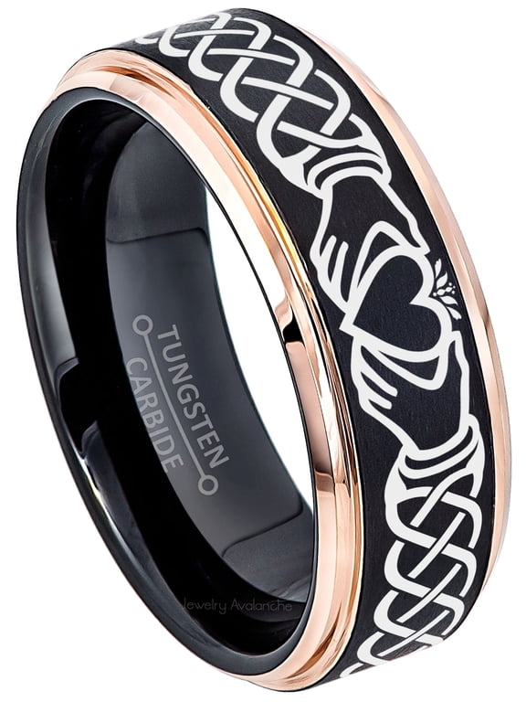 Men's Celtic Claddagh Wedding Band - 8mm Black Tungsten Ring with Rose Gold Stepped Edges size 13