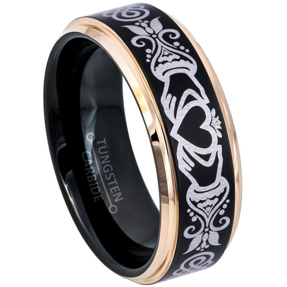 Celtic Claddagh Tungsten Ring - 2-Tone Rose Gold & Black Tungsten Carbide Wedding Band - Comfort Fit Anniversary Ring - 12.5