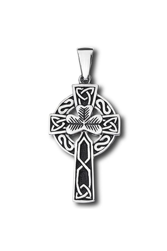 Celtic Clover Oxidized Cross Pendant Irish Weave Eternity Heavy Trinity Knot Charm Gray Jewelry Female