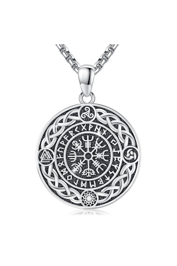 Celtic Compass Necklace 925 Sterling Silver Nordic Amulet Viking Pendant Vegvisir Valknut Rune Pendant Triskele Necklace Celtic Gift Jewelry for Men Women