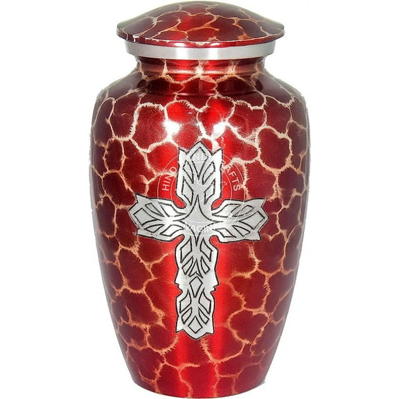 Celtic Cross Engraved Cremation Urn for Human Ashes Adult - Handcrafted Funeral Urn for Ashes - Large - 6.25'' x 6.25'' x 11'' - 200lbs or 91kg - Bag Included (Cloud Red)
