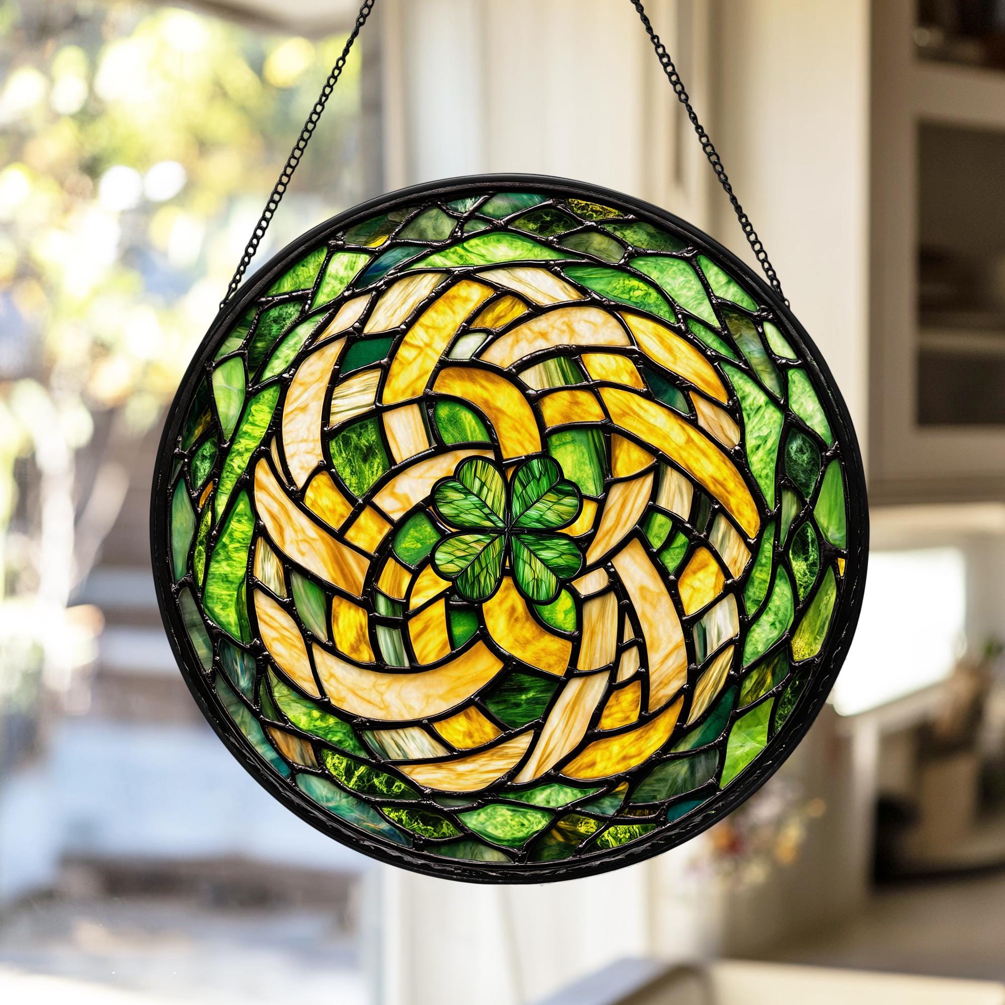 Celtic Cross Faux Stained Glass Suncatcher, Irish Clover Window Hanging ...