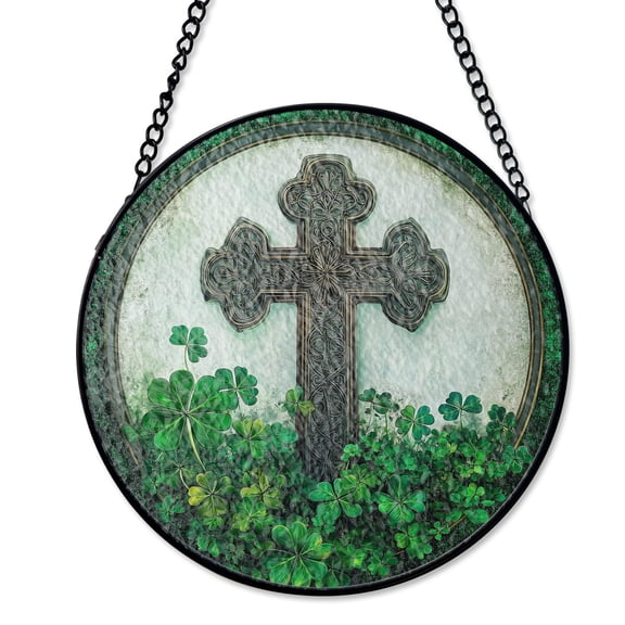Celtic Cross Faux Stained Glass Suncatcher Window Hanging Decor Irish Green