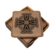 Celtic Cross - Handmade Coasters Set of 6 - Engraved Barware Decorations - Leather Bar Decor - Man Cave Fathers Day Present