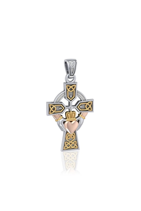 Celtic Cross Irish Claddagh 925 Sterling Silver Gold Accent Pendant Fine Jewelry
