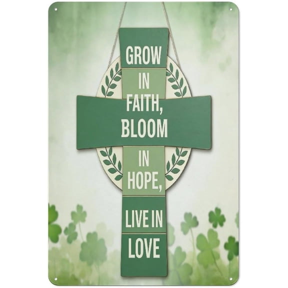 Celtic Cross Metal Tin Sign Wall Decor With Shamrocks and Green Vines Plaque for St Patricks Day Home or Church 8x12 Inch
