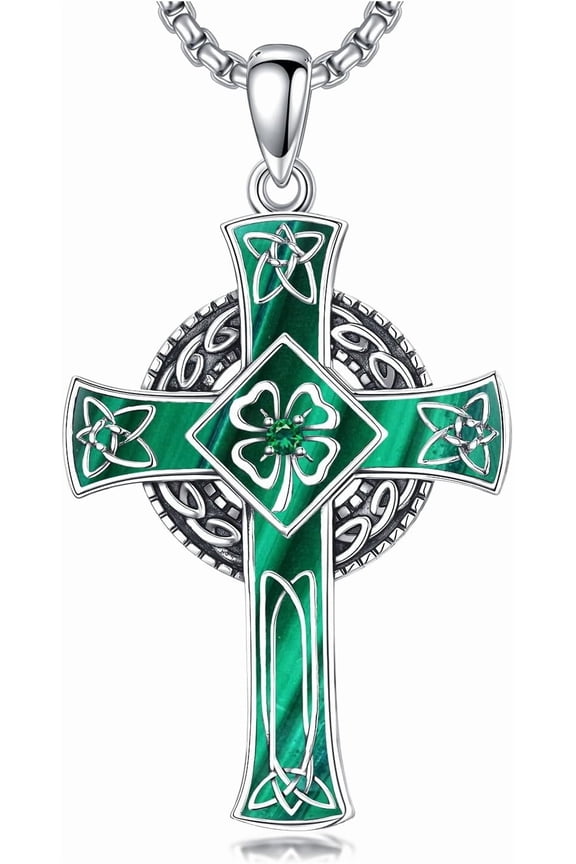 Celtic Cross Necklace, 925 Sterling Silver Four Leaf Clover Pendant Necklace with Malachite, Religious Faith Irish Jewelry Gift for Men Women