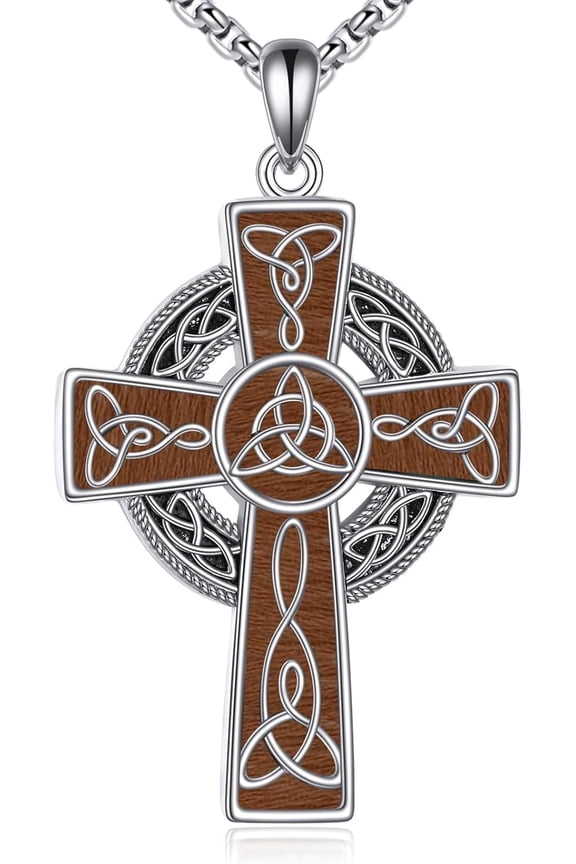 Celtic Cross Necklace 925 Sterling Silver Wood Cross Pendant Necklace Celtic Viking Irish Jewelry Religious Protective Gift for Men Women
